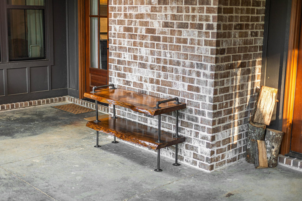 Industrial Pipe Live Edge Entertainment Center- Steampunk TV Stand with Live Edge Wood (Honey Pine)