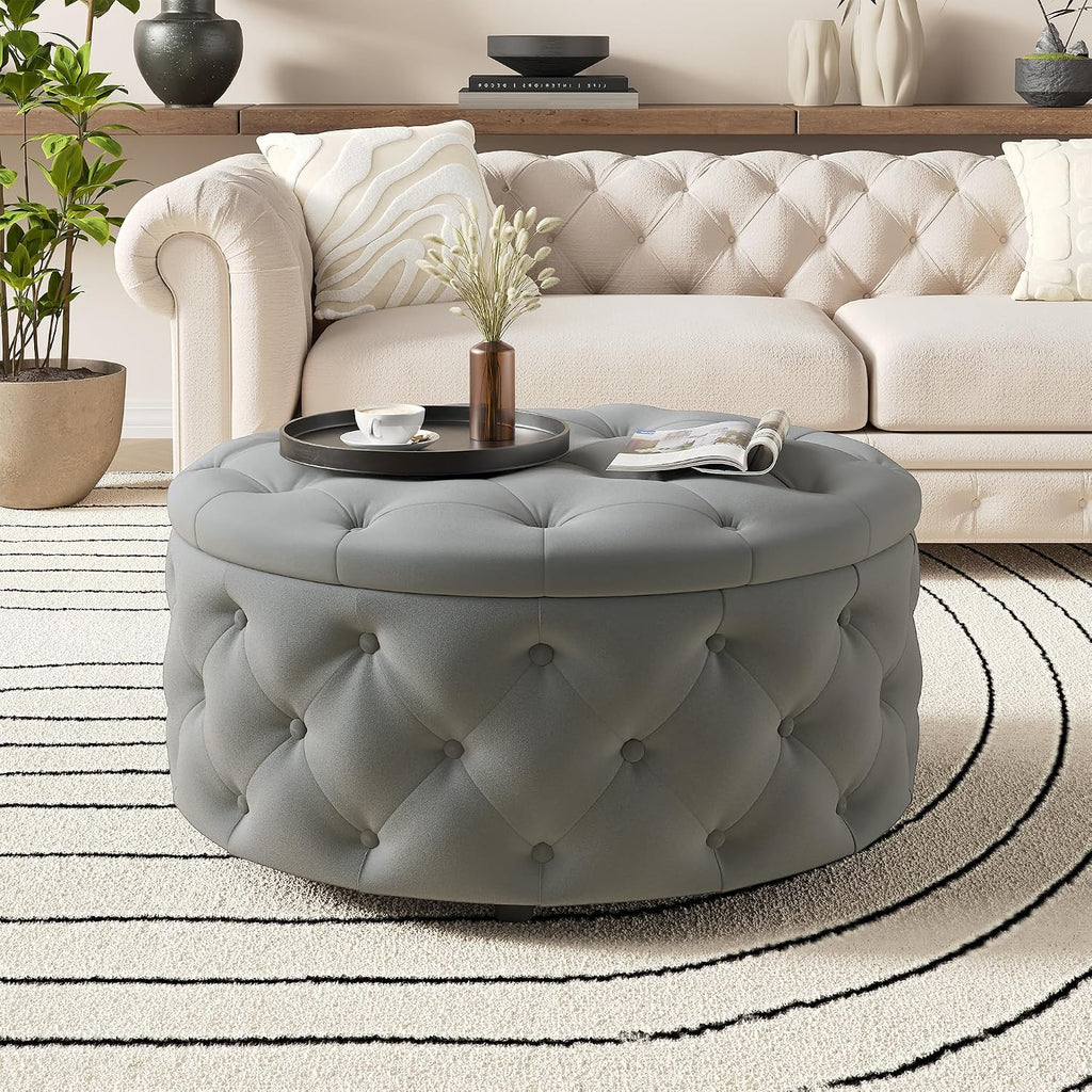 30 Inch Round Ottoman with Storage Tray,Large Coffee Table | Circle Modern Button Footstool with Removable Lid,Cozy