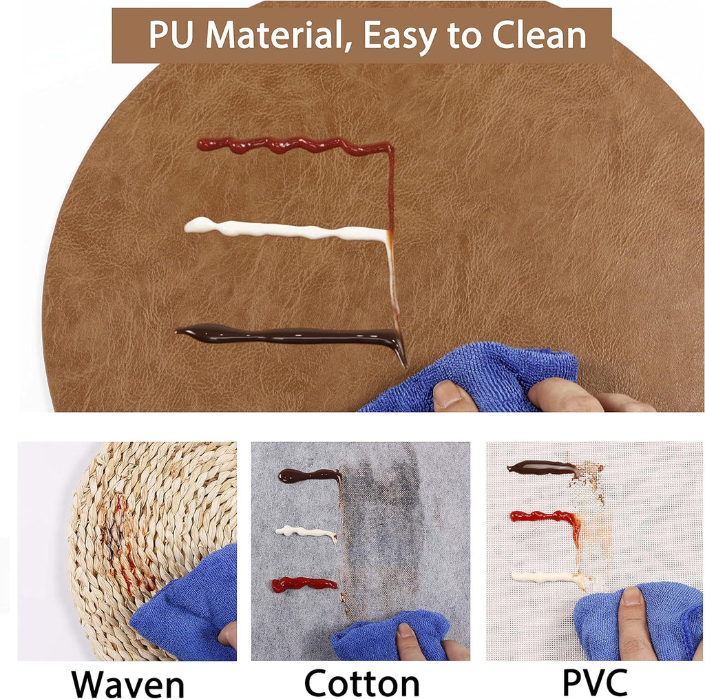 PU Leather Placemats, Waterproof Coffee Coasters, Kitchen Table Mats, Easy to Wipe Off for Dining Round Table - Set of 8