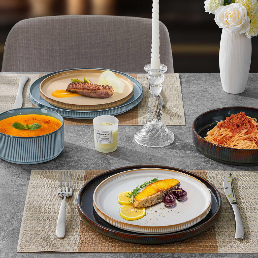 Dinnerware Stoneware Sets with Pasta Bowls, 16 Piece Plates and Bowls Set for 4, Ribbed Dishes Set , Microwave and