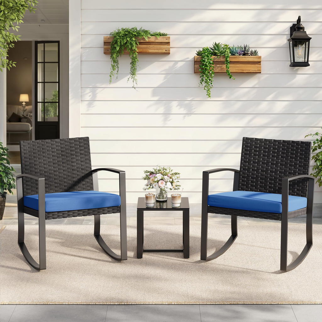3 Piece Patio Bistro Set Patio Furniture Set Outdoor Wicker Rocking Furniture Conversation Set with Tempered Glass