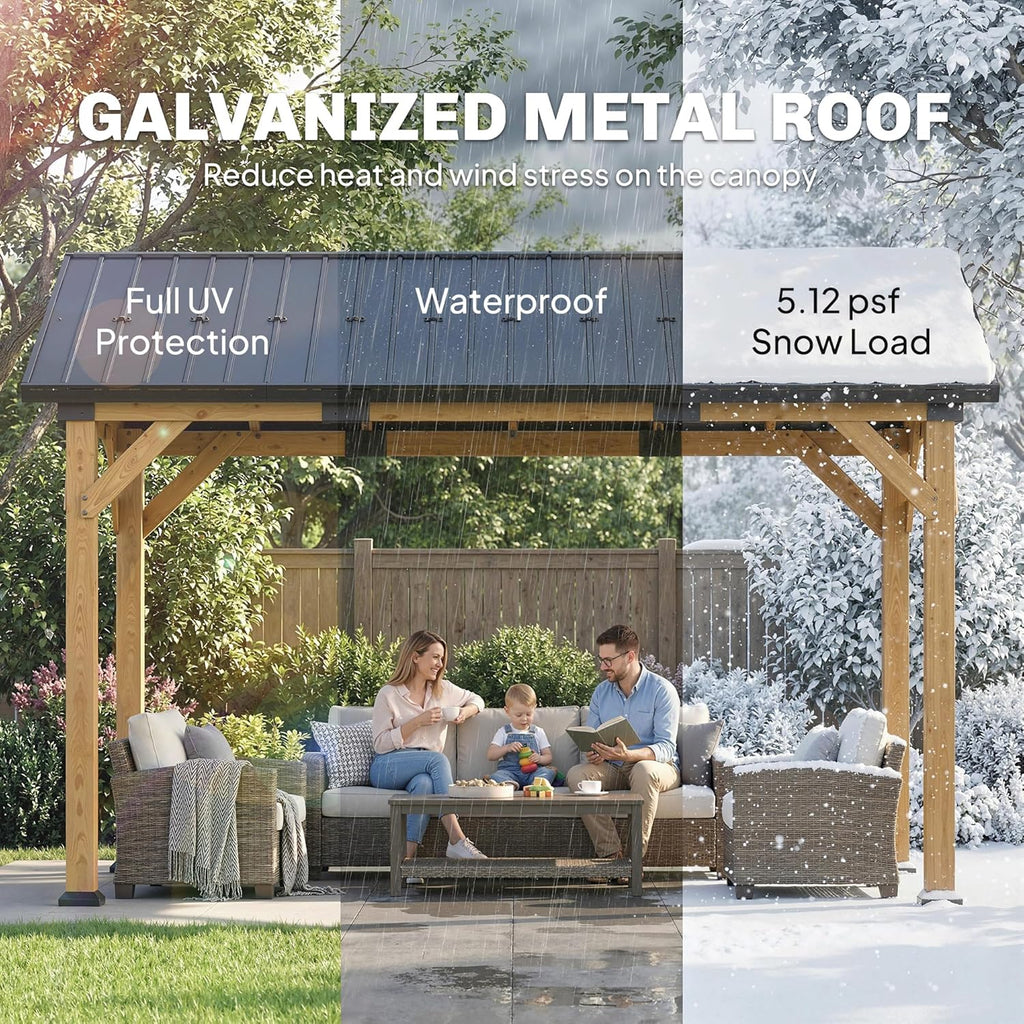 13' x 11' Hardtop Gazebo Canopy with Galvanised Metal Roof, Fir Wood Frame