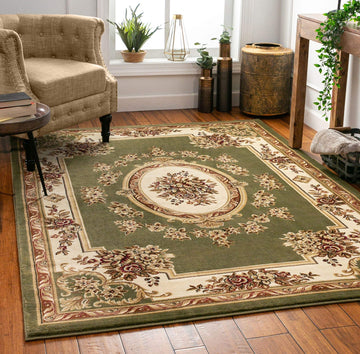 Timeless Collection Le Petit Palais Green Luxurious Traditional French Aubusson Medallion Oriental Area Rug