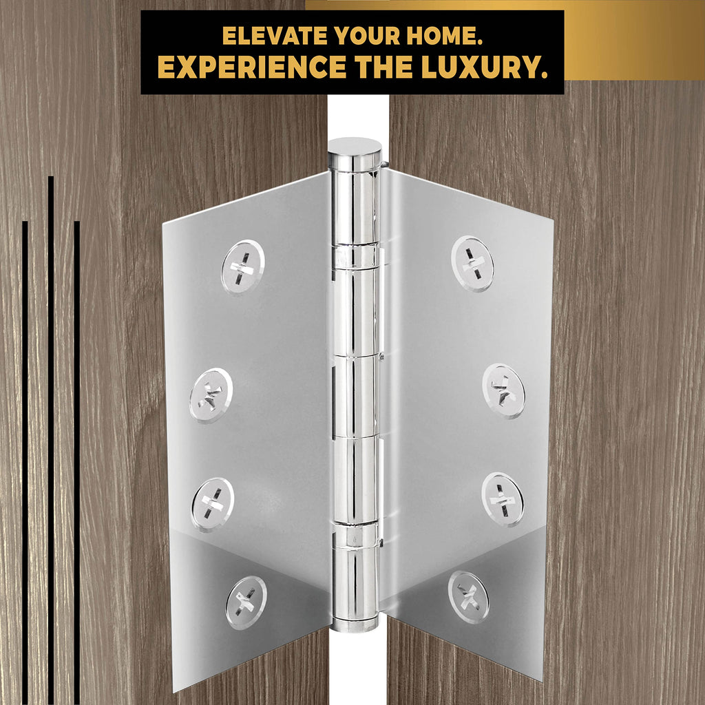 Solid Brass Chrome Door Hinge Heavy Duty Ball Bearing Shiny Silver 4x4 Inch with Decorative Screw-on Tips Included