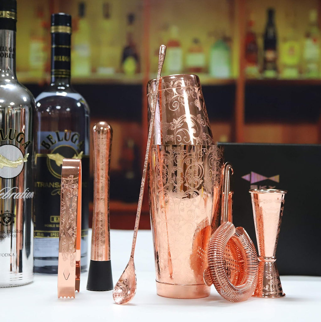 Bartender Kit Cocktail Shaker Set- Stainless Steel Copper Plated Etching Bar Tools with Boston Shaker - Set of 6