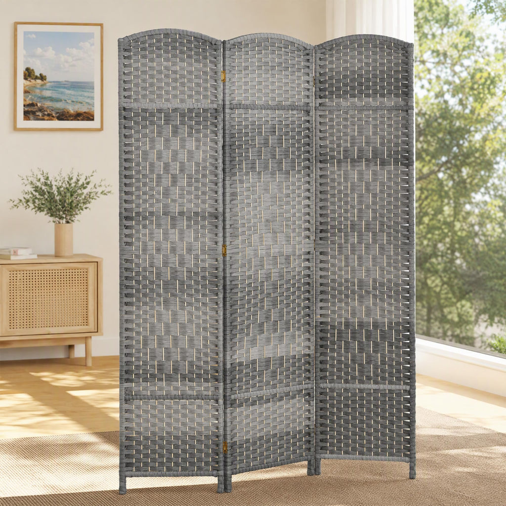 3 Panel Room Divider 6 Ft Privacy Screen Hand-Woven Mixed Gray
