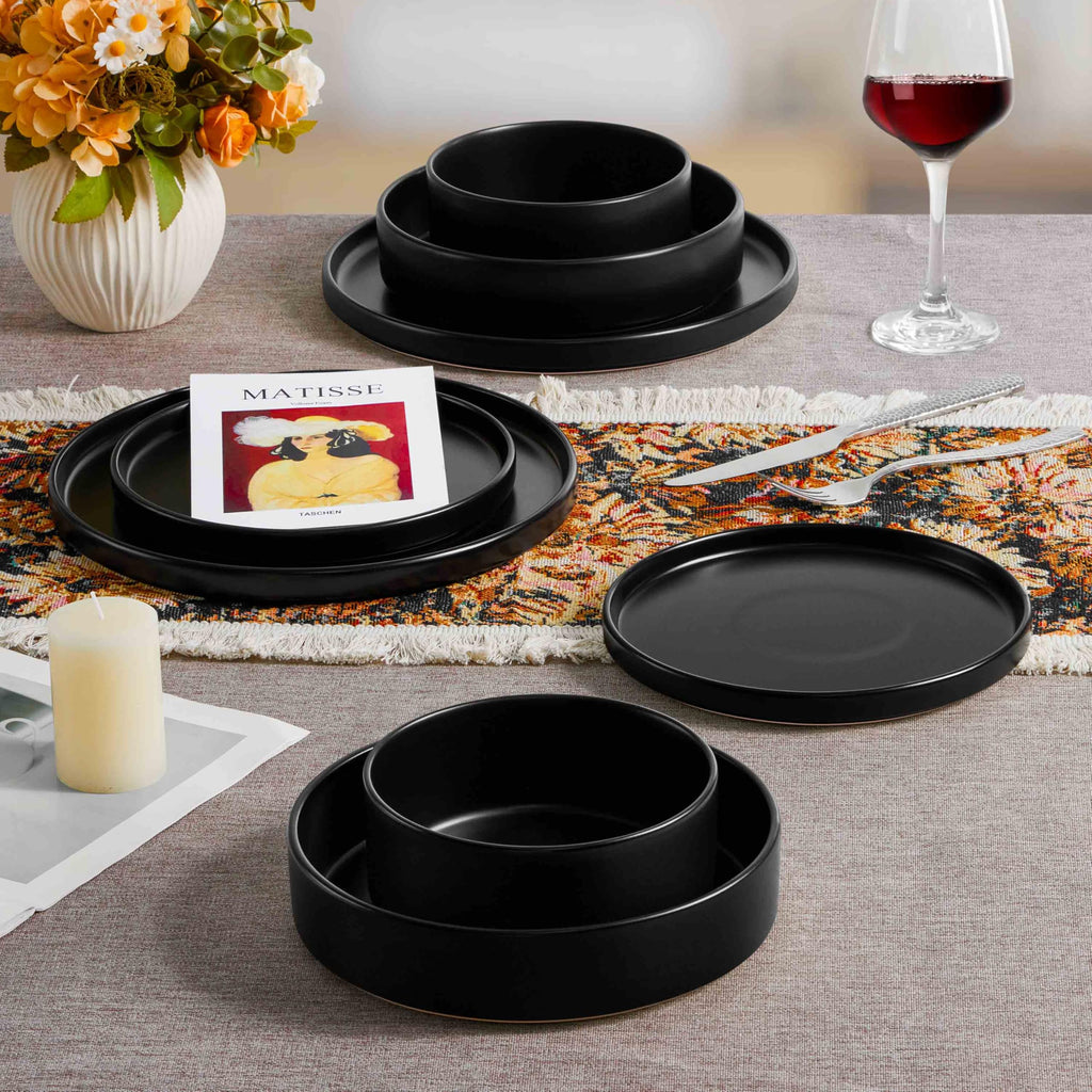 Dinnerware Sets with Pasta Bowls for 6, 24 Piece Dinner Salad Plates and Cereal Serving Bowls, Stoneware Dishes