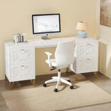 White and Gold Computer Desk, 59'' Modern Writing Table with File Drawers