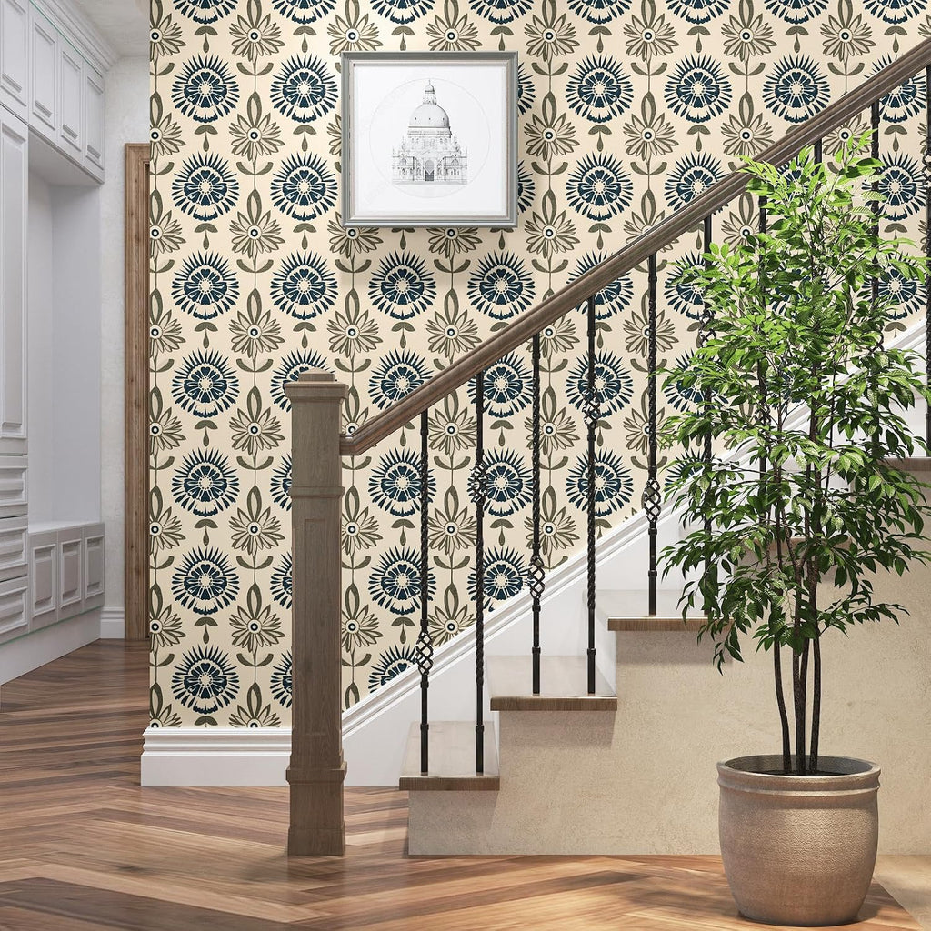 Boho Floral Peel and Stick Wallpaper Beige Blue 17.5 x 393.5In | Extra Long Symmetry Contact Paper Modern Wall Paper