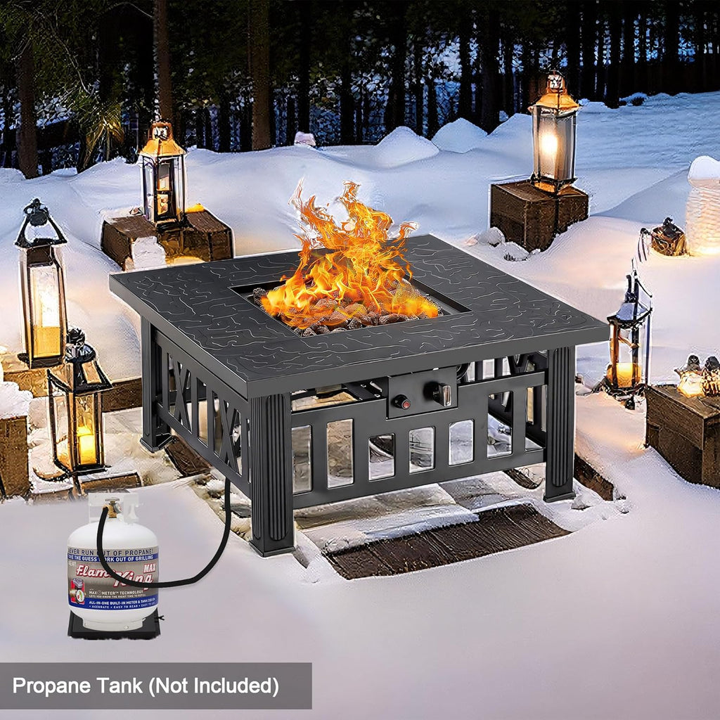 Propane Fire Pit, 30 Inch Outdoor Gas Fire Table, 50,000 BTU Square Firepit with Lid and Lava Rock