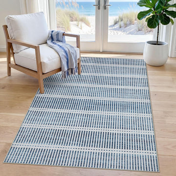 Ultra Thin Modern 3x5 Washable Area Rugs, Non-Slip Small Bedroom Kitchen Rugs, Blue Striped Farmhouse Indoor Carpet