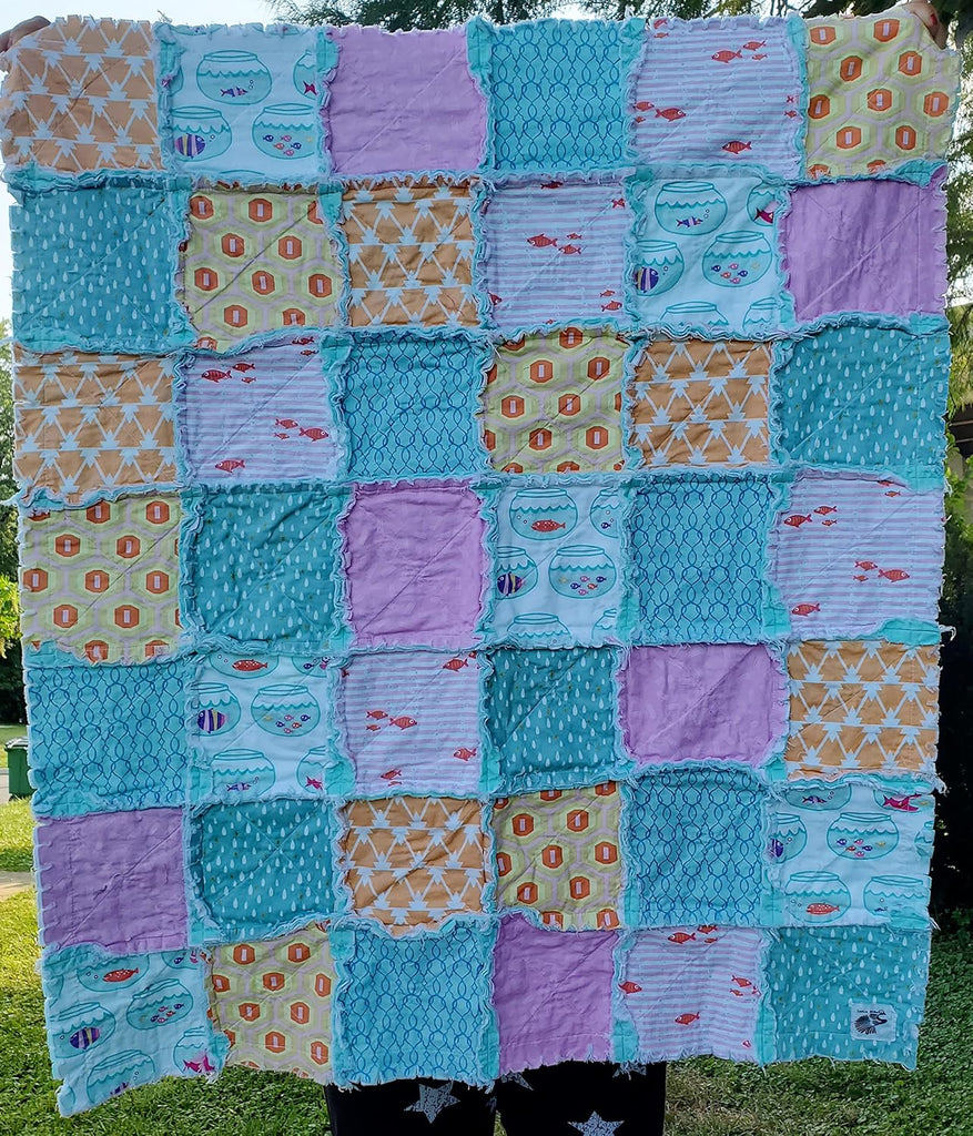 SALE Patchwork Quilt, Quilt, Rag Quilt, Pink and Aqua Fish Crib Bedding, Rag Quilt, Ocean, Baby Bedding, Baby Girl