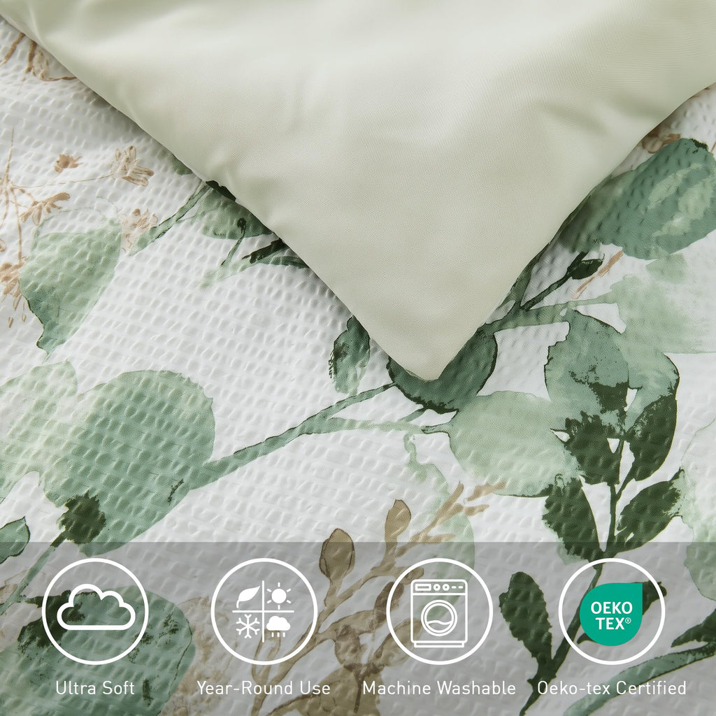 Lightweight Seersucker Botanical Comforter Set, 9 Pieces Reversible Design Bed in A Bag Set, Premium