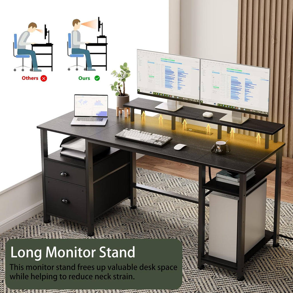 61" Gaming Desk with Outlets & LED, Large Computer Desk, Black | AC Outlets & USB, Ergonomic Monitor Stand, Drawer &