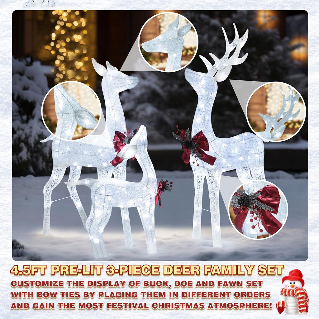4.5FT Lighted Reindeer Family Set for Christmas Decoration, 3-Piece Pre-Lit Iridescent Deer Xmas Decor with 200 LED