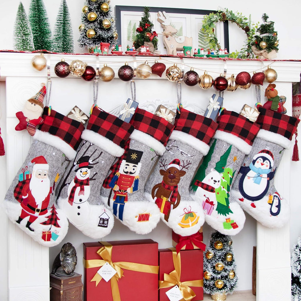 Christmas Stockings Gray Burlap Buffalo Red Plaid Soft Faux Fur 20 Inches Lovely Embroidery Pattern - Set of 6