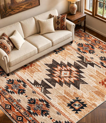 Washable Western Aztec Area Rug, Terracotta
