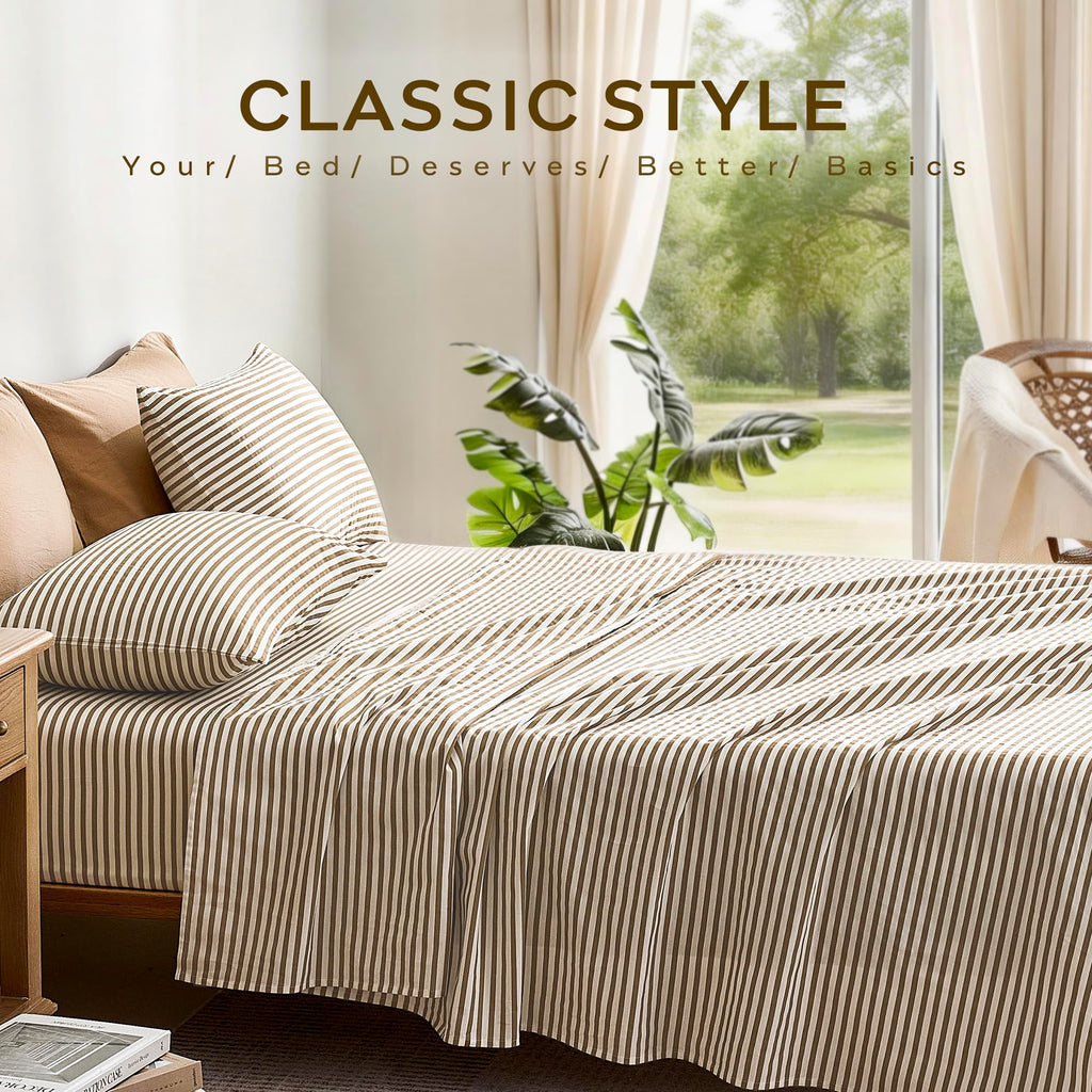 100% Cotton Sheet Set, Brown Striped, Full
