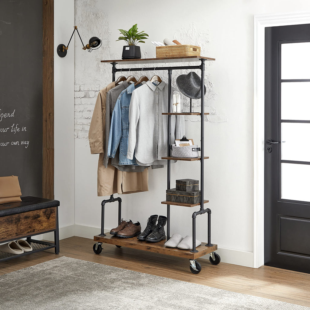 Clothes Rack, 5-Tier Garment Rack on Wheels, Industrial Pipe Style