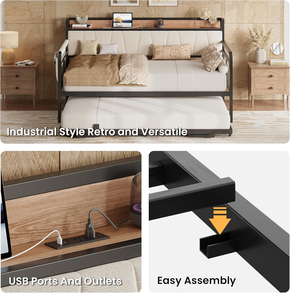 Twin Daybed, Day Bed Frame with Pop Up Trundle, Wood/Beige | Pop Up Trundle Bed with Smooth Wheels, Charging Station