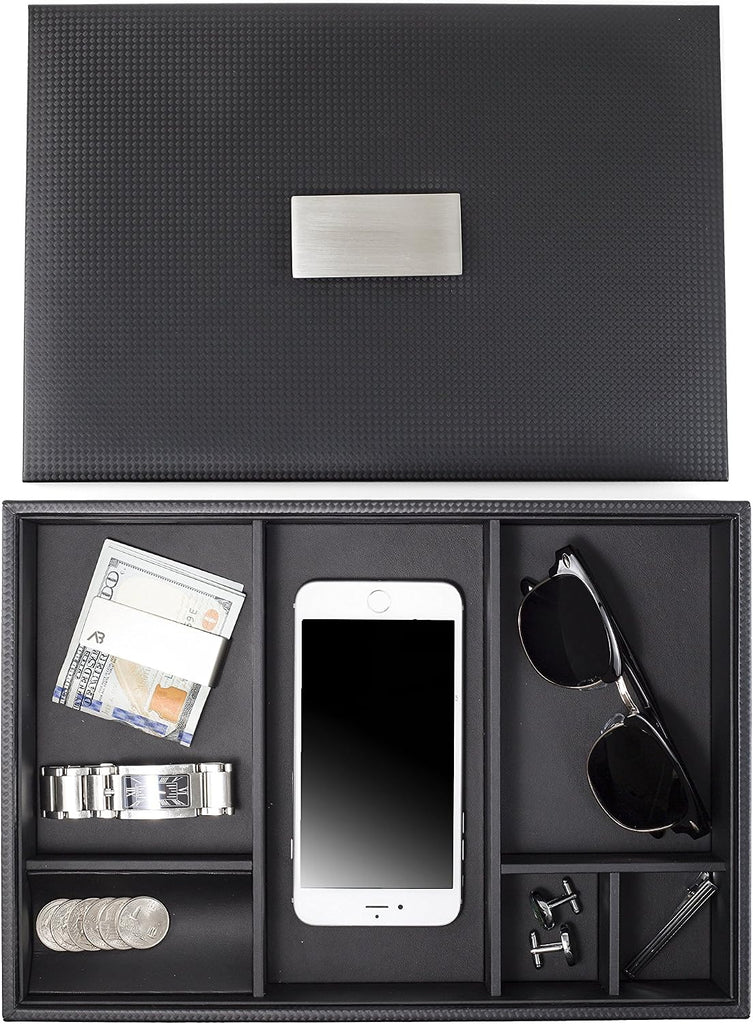 Mens Valet Tray/Dresser Organizer & Lid - 6 Slot Luxury Jewelry Accessories Box, Carbon Fiber Design & Metal Buckle