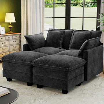 58" Cloud Couch Sectional Modular Sofa, Deep Seat Couches with Ottoman and Removable Washable Pillows, Black