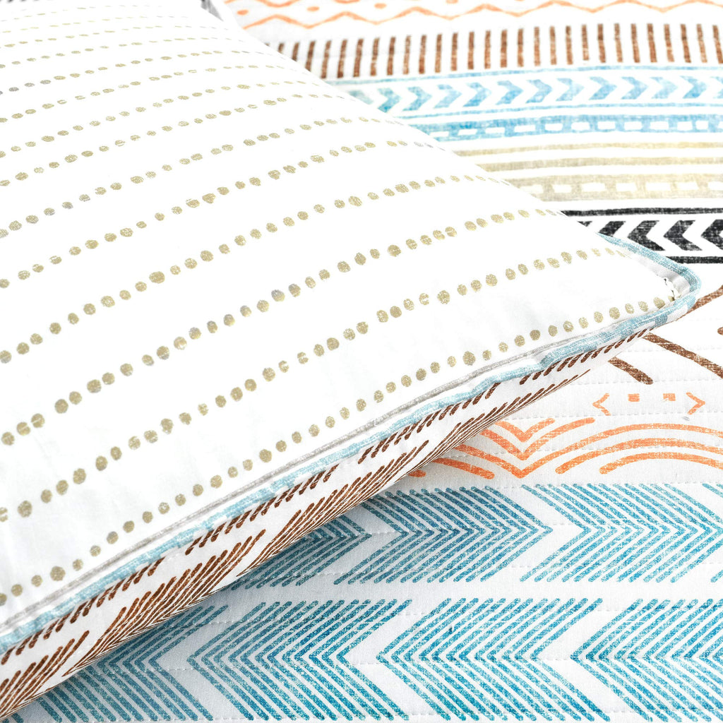 Hygge Geo Cotton Reversible Quilt, 3 Piece Set, Full/Queen, Neutral/Multi - Geometric Striped Bedding - Queen Size