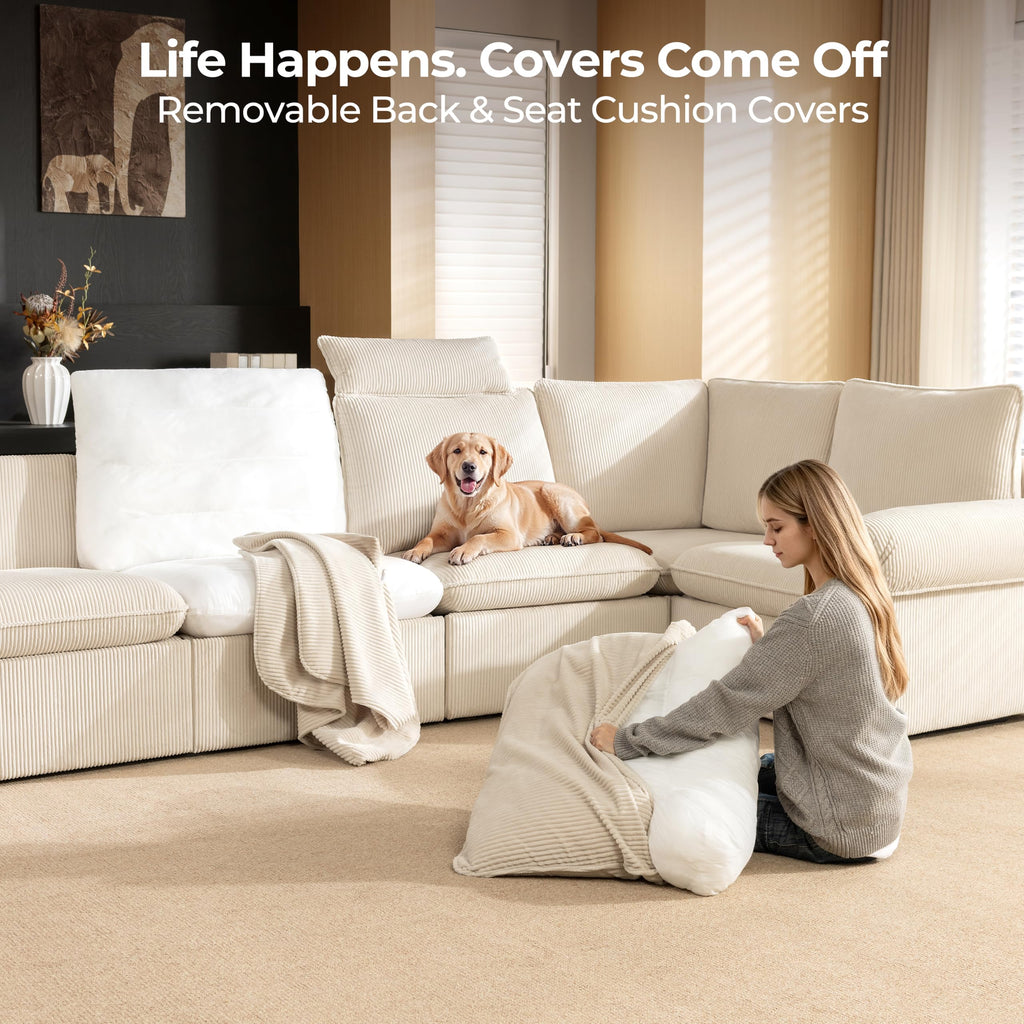 117" 5-Seat L-Shaped Power Reclining Sectional Couch, Beige