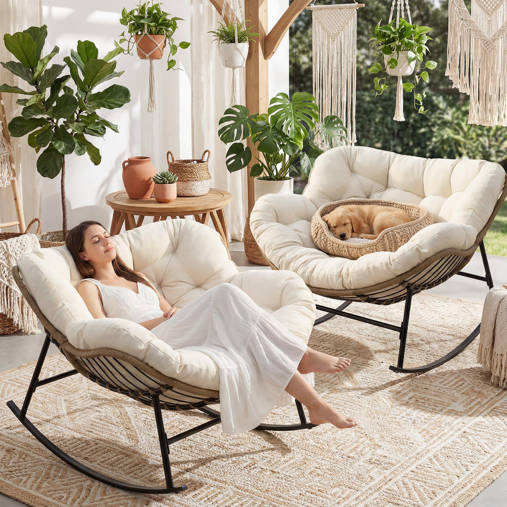 2 PCS Outdoor Rocking Chair, Oversized Papasan Rocking Chair