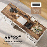 Farmhouse Executive Desk with Drawers, 55" Home Office Desks with Fast Charging Station, Lockable File Cabinet