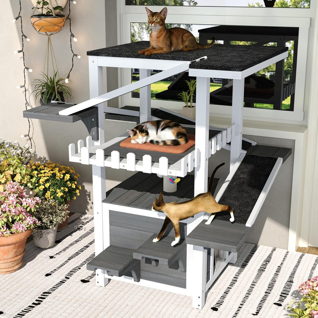 Weatherproof Outdoor Cat House, 4‐Tiers Outdoor Cat Tree Tower (Grey+White)