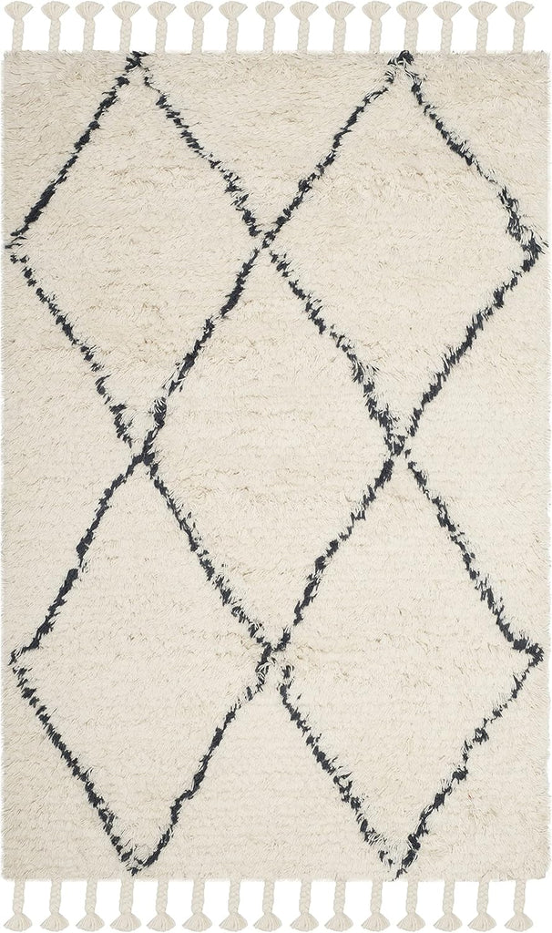 Casablanca Shag Collection Ivory/Grey CSB726A Handmade Moroccan Trellis Tassel Premium New Zealand Wool