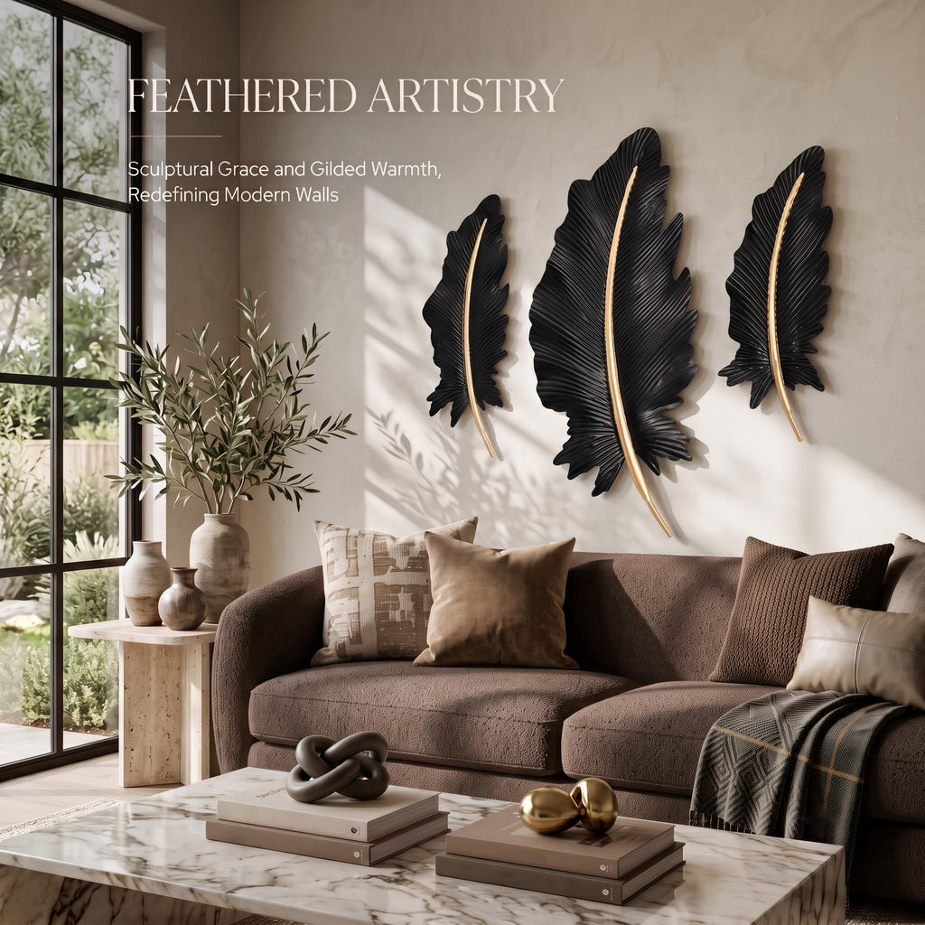 3-Piece 3D Metal Feather Wall Decor Set, Black & Gold