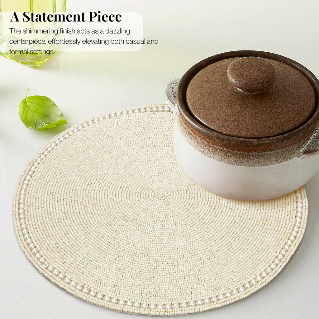 Beaded Placemats Set of 2 Ivory Round Handmade Table Mats