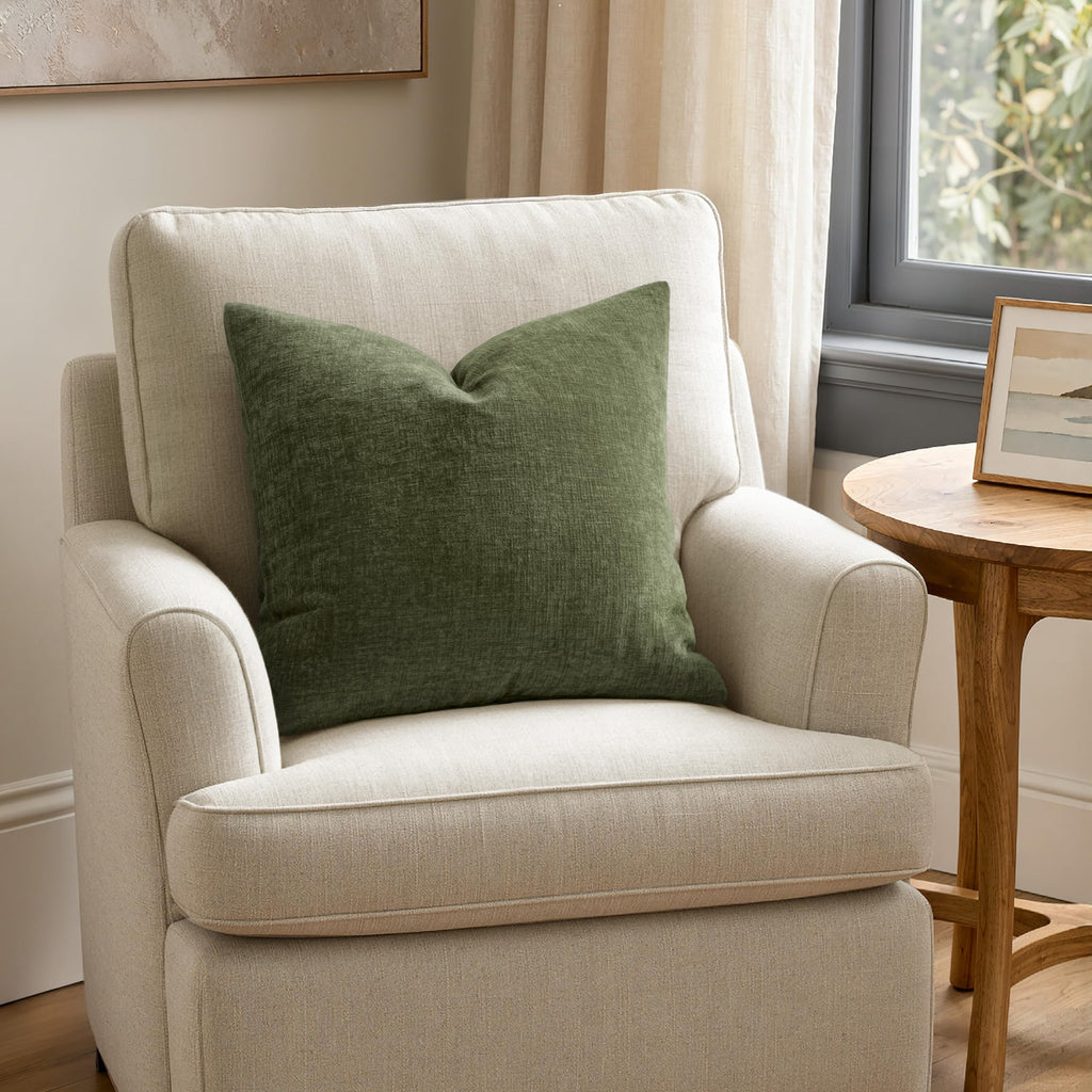 Olive Green Chenille Couch Throw Pillow Covers, 16x16