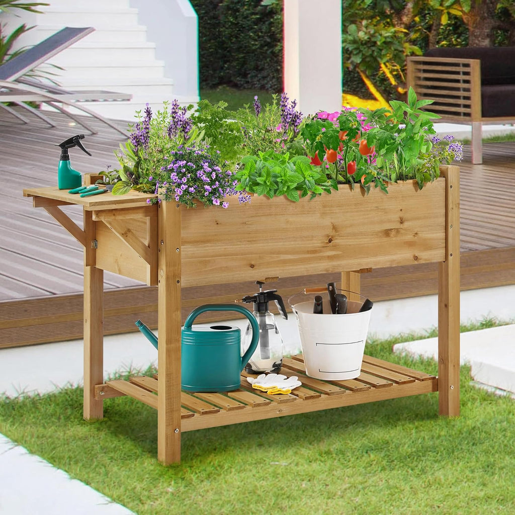 Herb Garden Planter Outdoor Wood Standing Garden Bed,Light Brown | 49 x 22 x 32 in with 8 Planting Pockets, Foldable