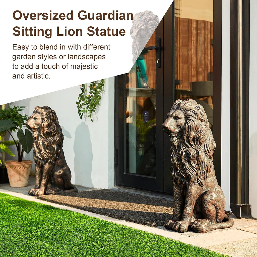 Guardian Sitting Lion Statue Regal Indoor and Outdoor Garden Sculpture Entrance Porch and Yard, 27.75" H, Bronze