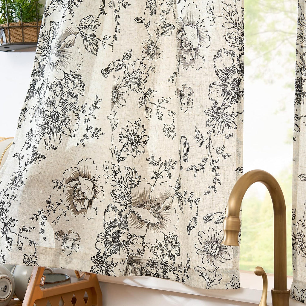 Floral Linen Tier Curtains 36 Inch Farmhouse Botanic Cafe Drapes for Small Windows Rustic Half Window Curtains for