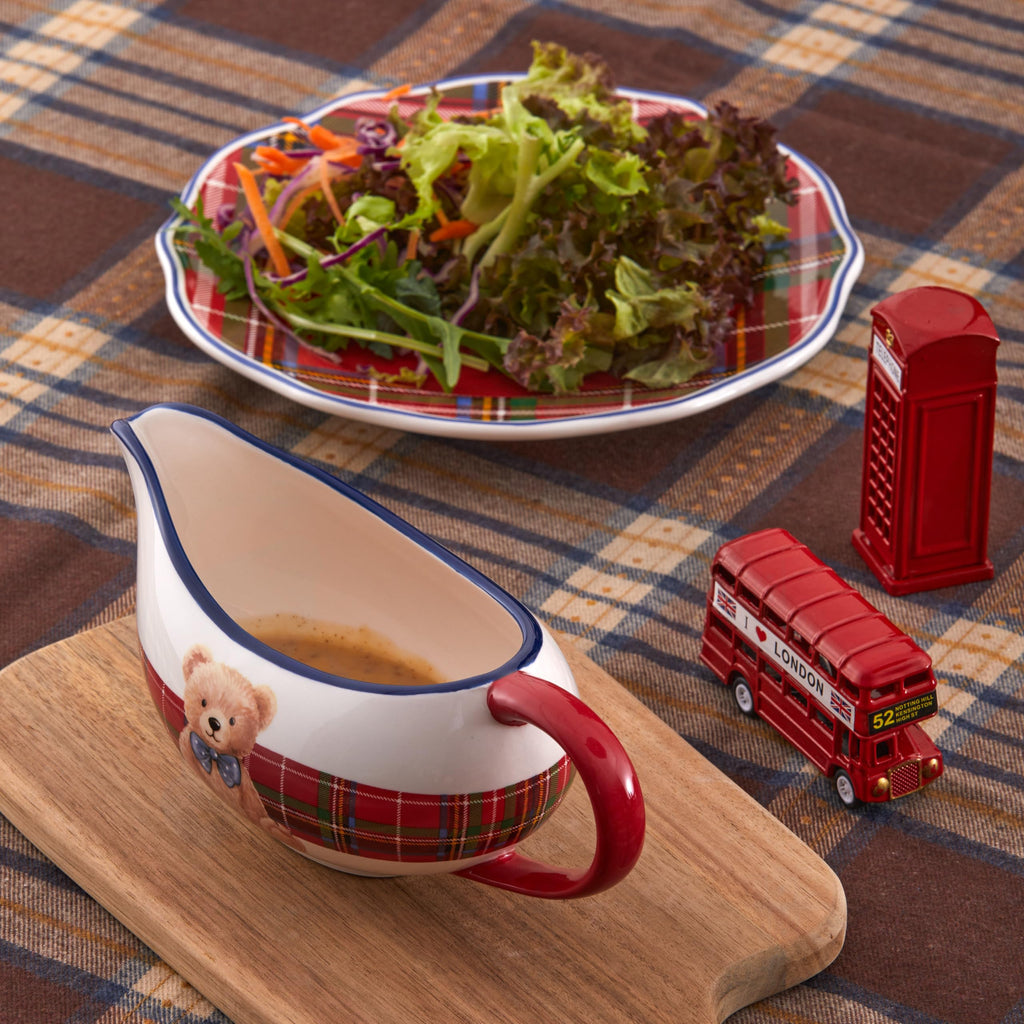 Blue Ribbon Teddy Bear 14oz Gravy Boat with Large Handle, Ceramic Sauce Boat for Creamer, Salad Dressings, Broth