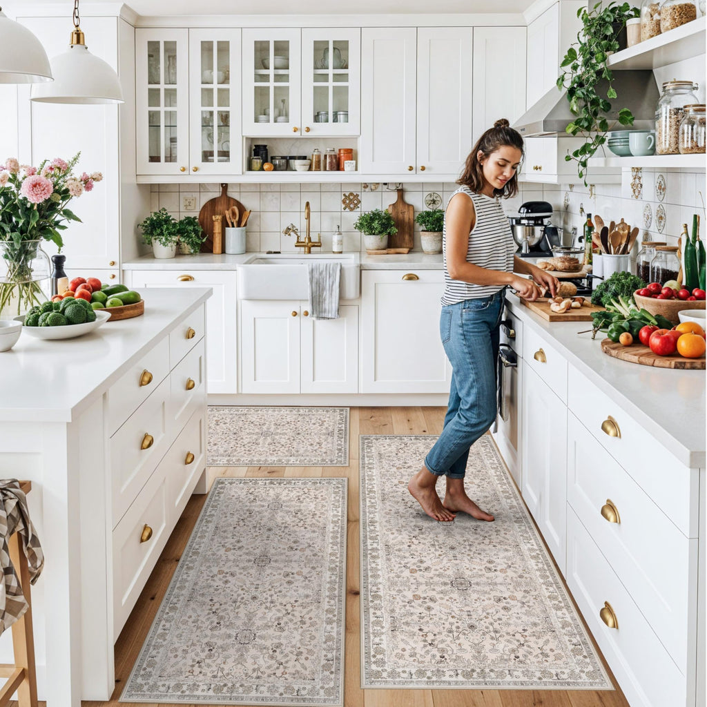 3-Piece Kitchen Rug Set of 3 with Runner - Non Slip Washable Boho Kitchen Mats for Sink, Floor, Entryway & Hallway