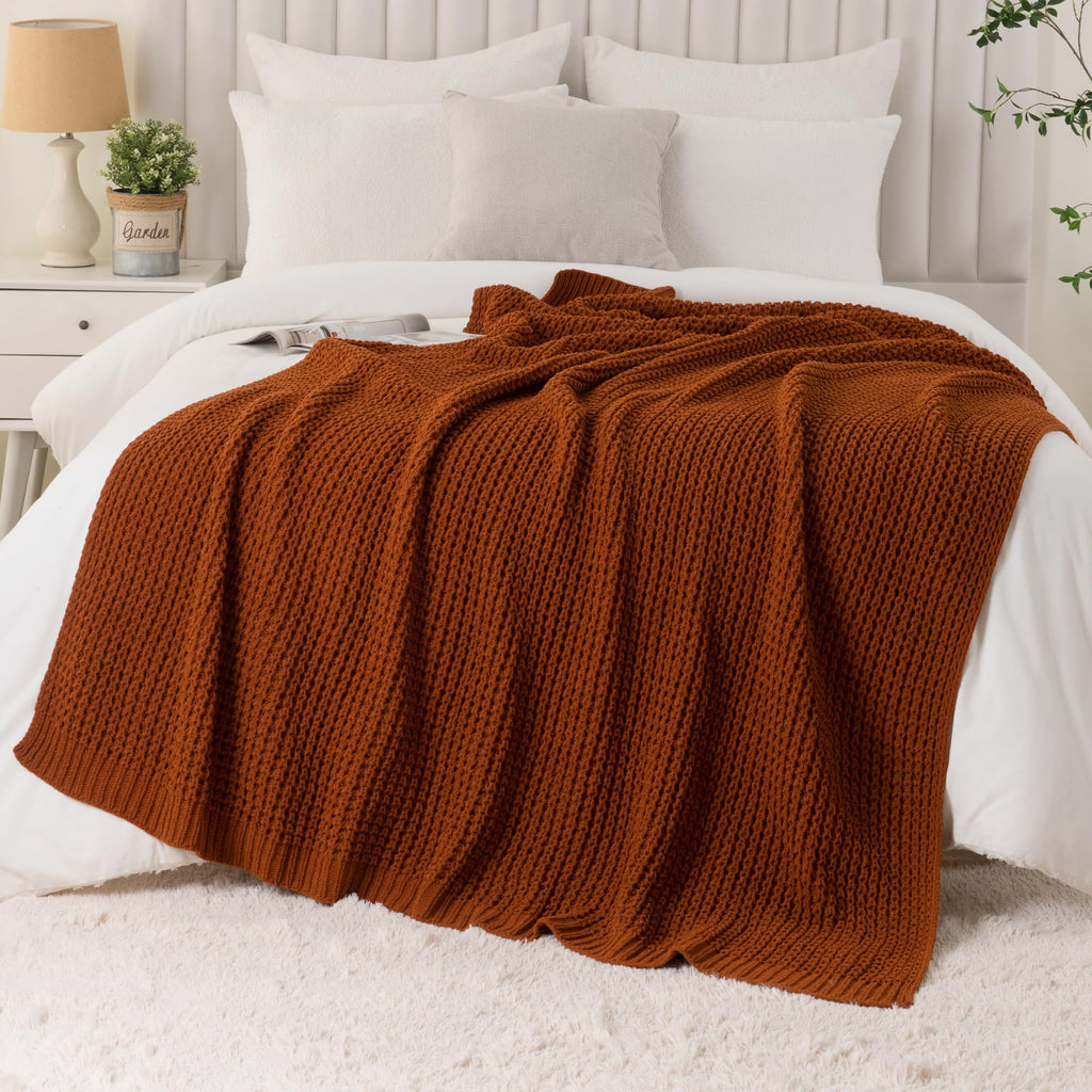 Waffle Knit Blanket Throw, Fall Caramel Throw Blanket for Couch, 50"x60"