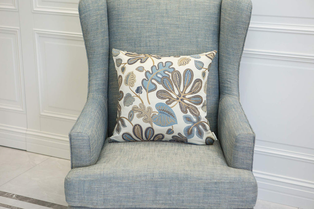 Set of 2 Jacquard Tropical Leaf Pattern Throw Pillow Covers Decorative Pillowcase 20x20 Inches, Blue Cream