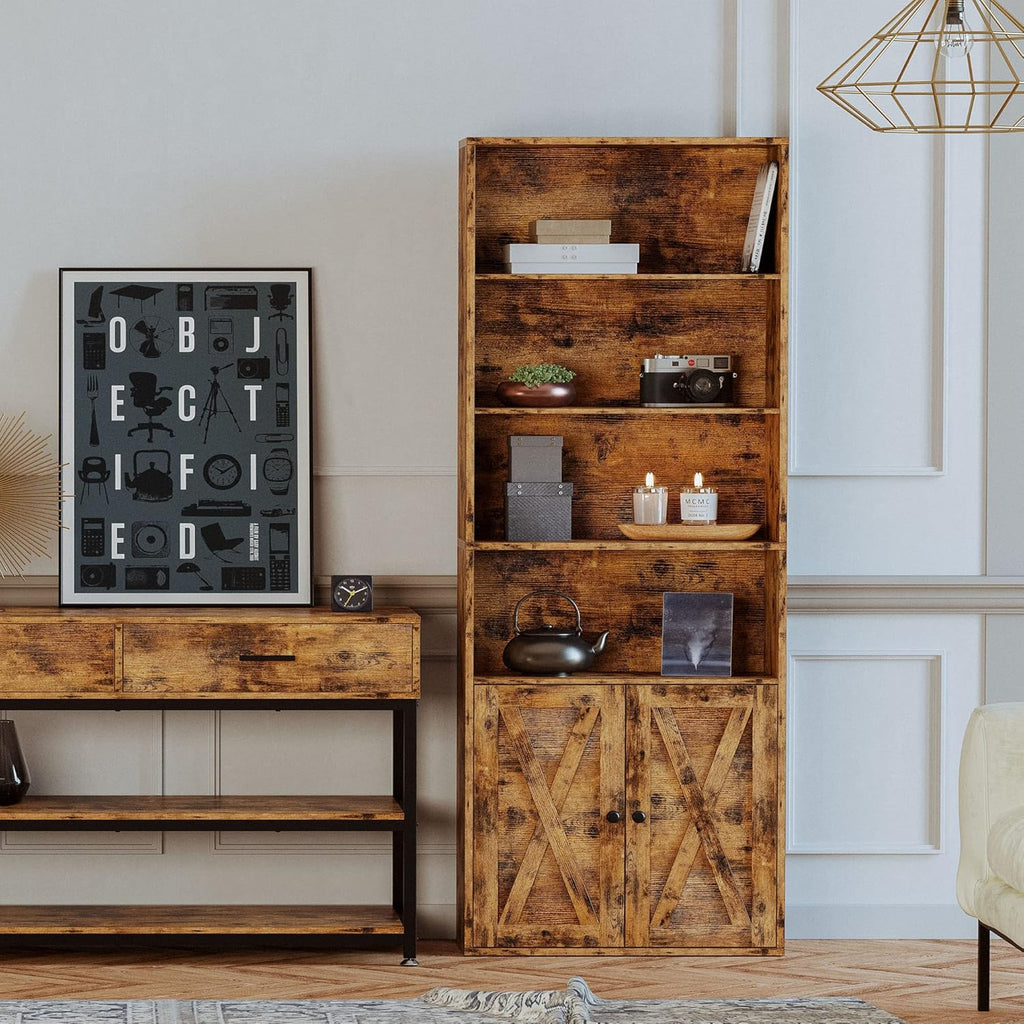 Industrial Bookshelves and Bookcases with Doors Floor Standing 6 Shelf Display Storage Shelves 70 in Tall Bookcase