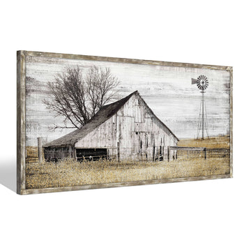 Barn Framed Wall Art Farmhouse: Rustic Farm Wood Picture Decor Large Windmill Country Scene Painting Horizontal