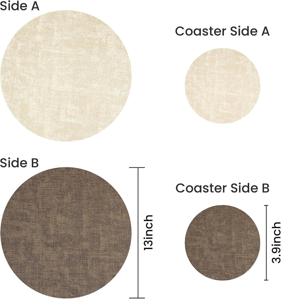 Placemats, 13" Round Reversible Faux Leather with Coasters - Set of 8