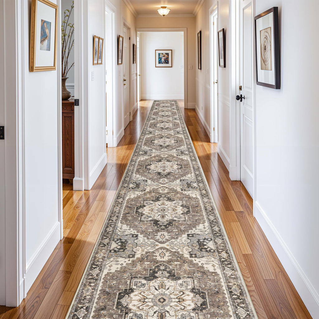 Washable Long Hallway Runner - Non-Slip Stain Resistant Kitchen Rug Distressed Mats Low Plie Soft Ultra Thin