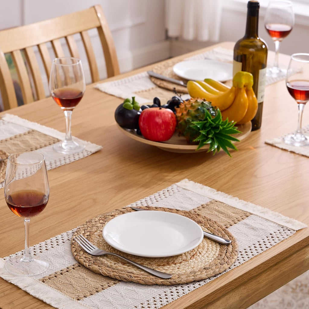 Handmade Boho Placemats - Natural Cotton Burlap and Water Straw Woven Rattan Wicker Braided Combination - Set of 6