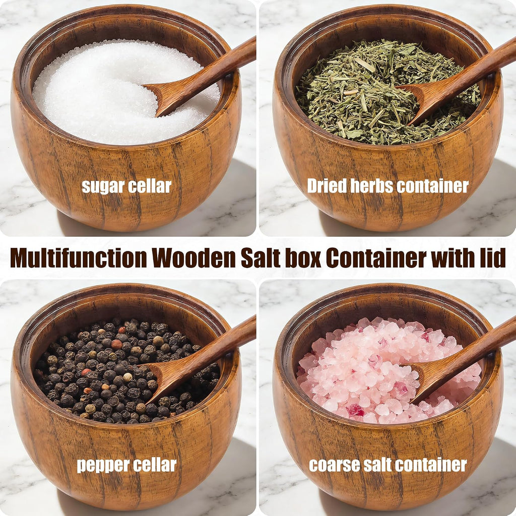 Wooden Salt Cellar with Lid and Spoon 5.7 oz Kitchen Wooden Salt Box for Sea Salt,Spices and Herbs() - Set of 2
