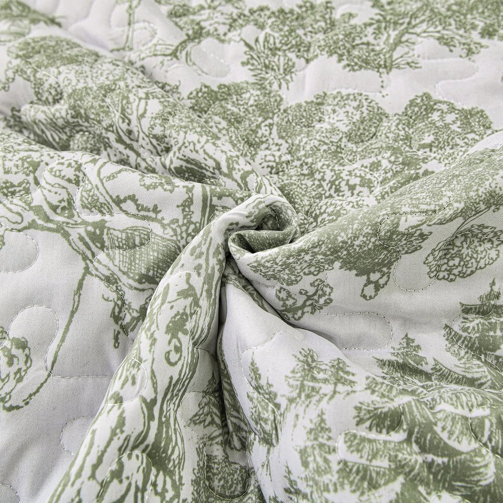 Botanical Quilt Set Queen, Sage Green 3 Pieces Floral Plants Printed Bedspread Bedding Set Soft Lightweight