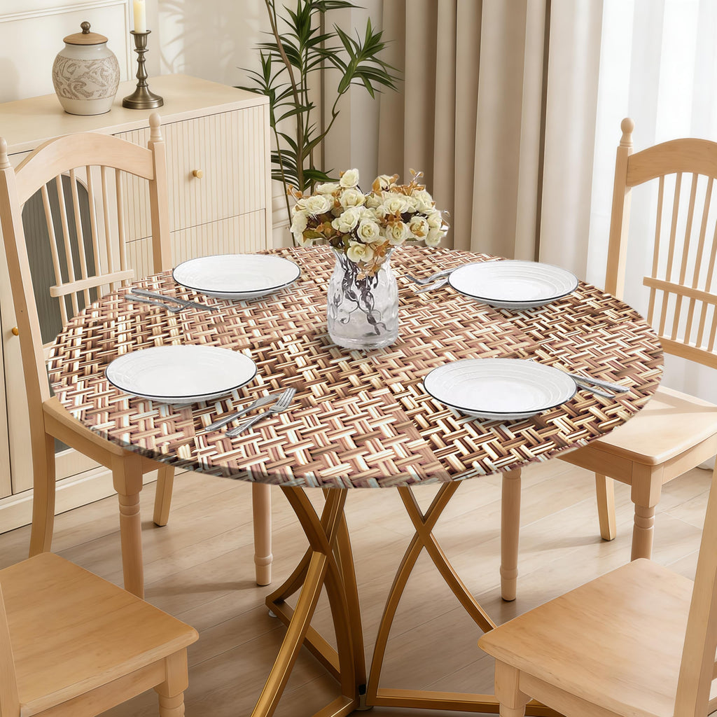 Weave Printed 42 Inch Round Fitted Cloth Tablecloth with Elastic Edged, Waterproof Oil Proof Wipeable Table Cover for